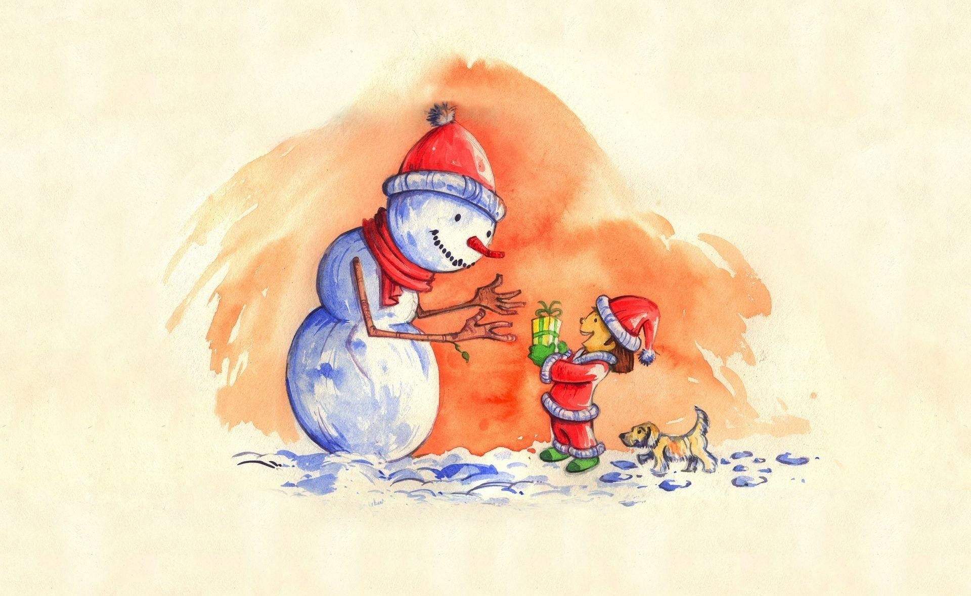child giving gift to snowman