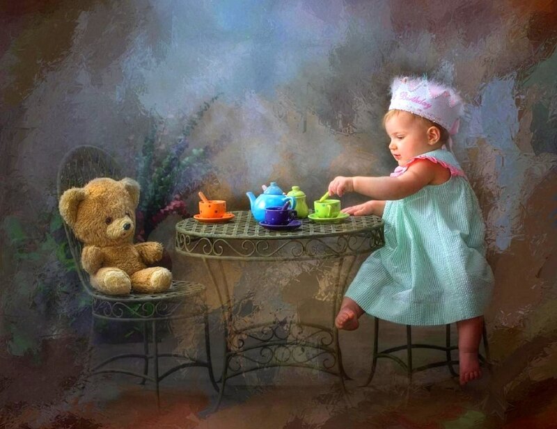 Child Having Tea Party — Green