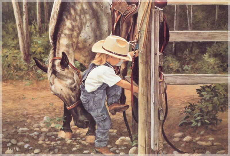 child helping horse with saddle