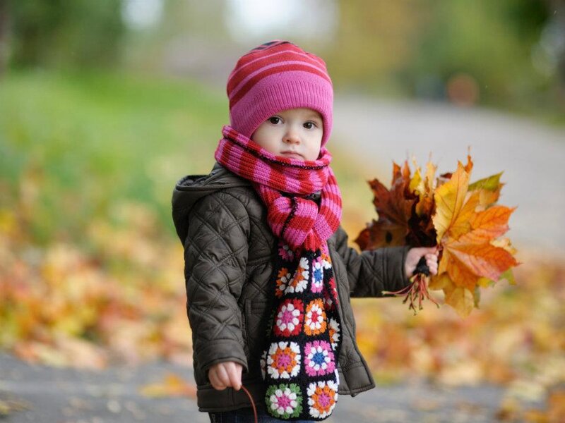 Child Holding Autumn Leaves — Pink, Calm, Photograph