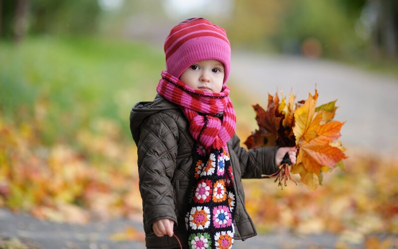 Child Holding Autumn Leaves — Pink