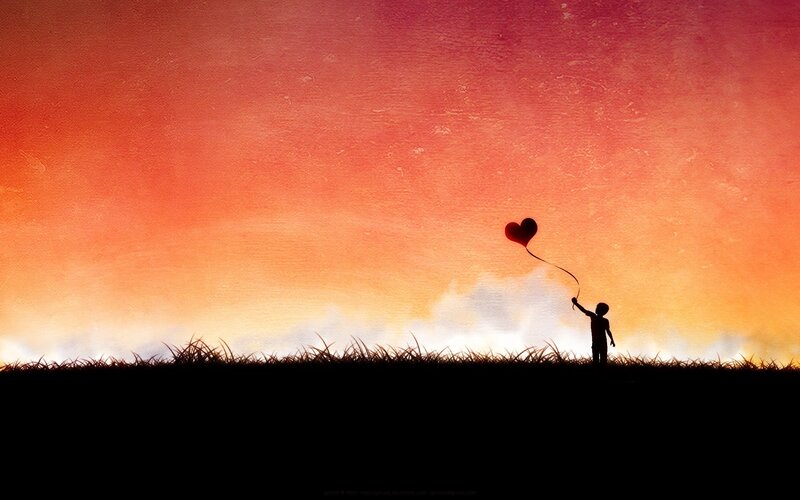 Child Holding Balloon — Orange, Serene, Sunset, Digital Art