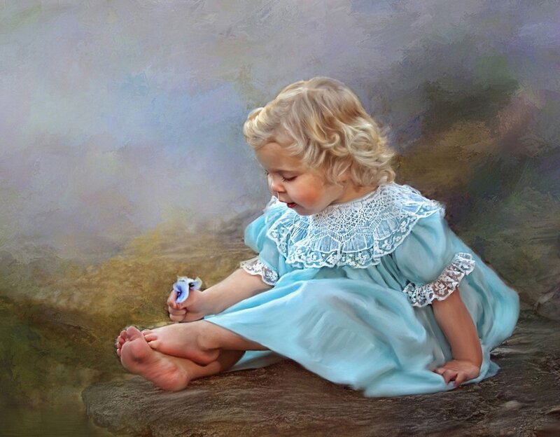 Child Holding Flower — Blue