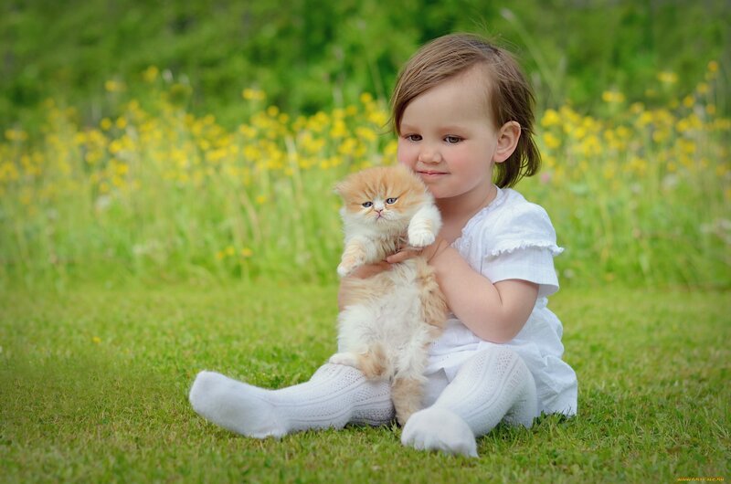 Child Holding Kitten — Green