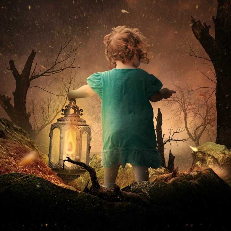 Child Holding Lantern — Green, Mysterious