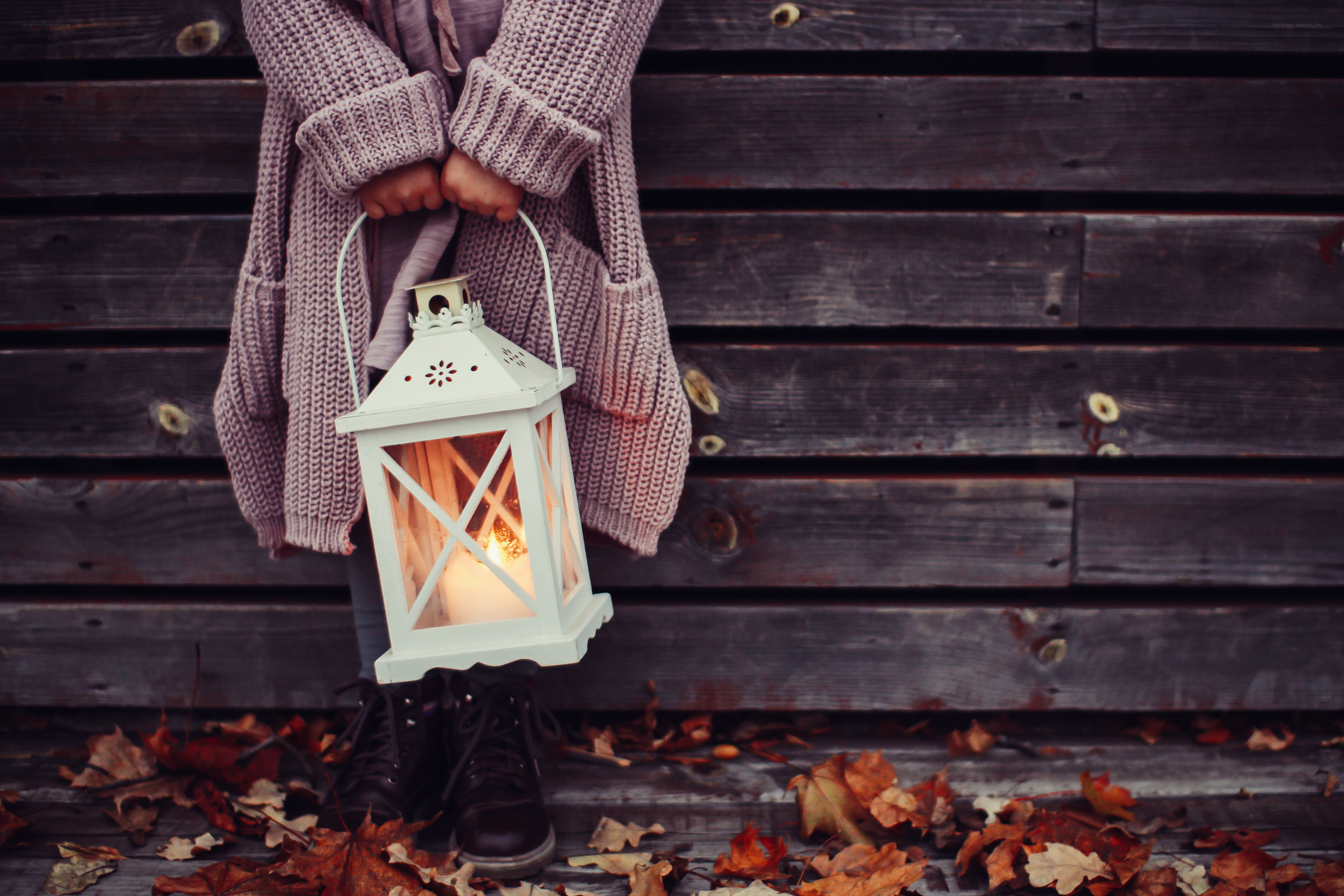 child holding lantern in autumn