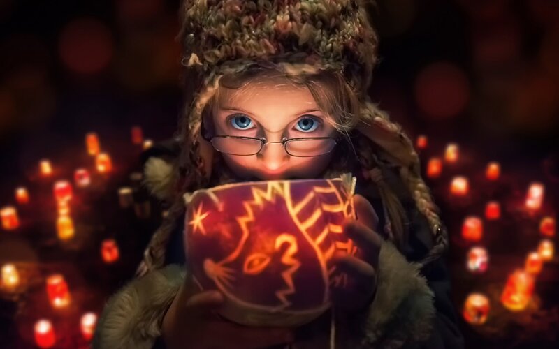 Child Holding Lantern — Red