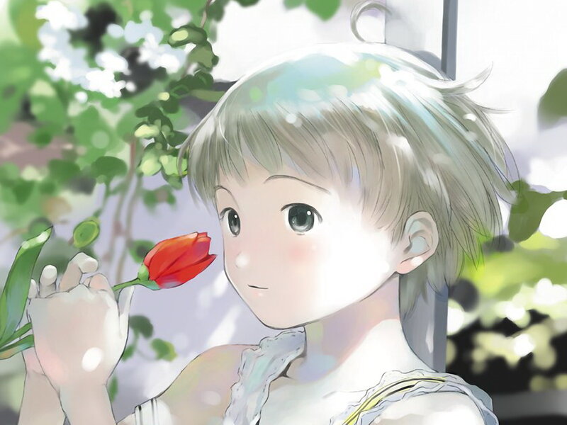 child holding red flower