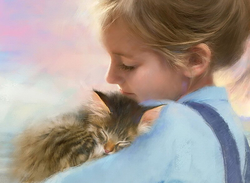 child holding sleeping kitten