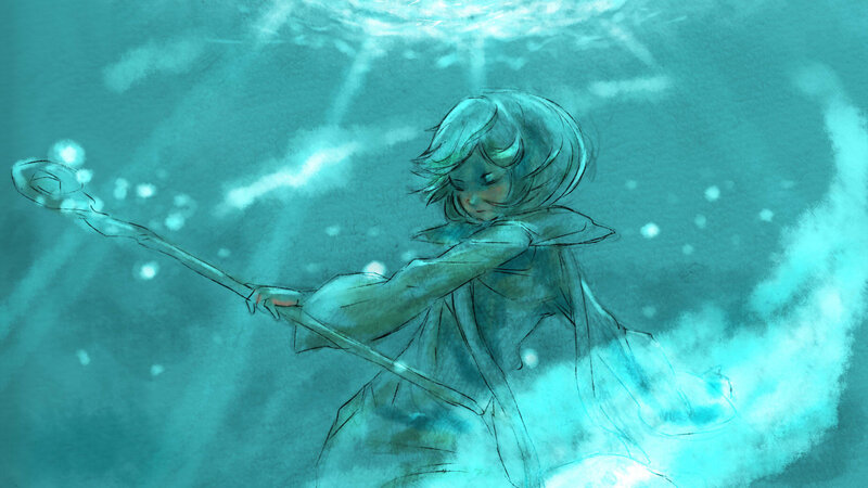 Child Holding Staff Underwater