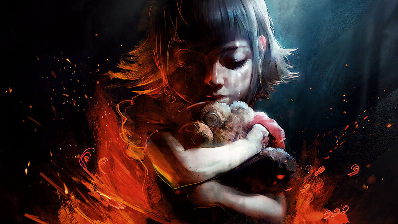 Child Holding Teddy Bear — Black, Dramatic, Digital Art