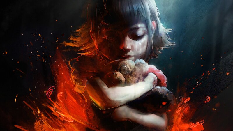 Child Holding Teddy Bear — Black, Dramatic
