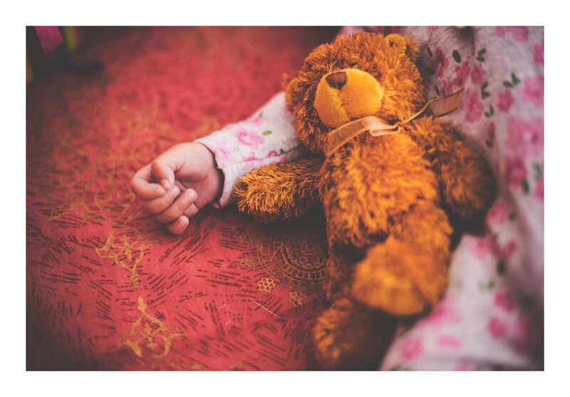Child Holding Teddy Bear — Brown, Calm, Photograph
