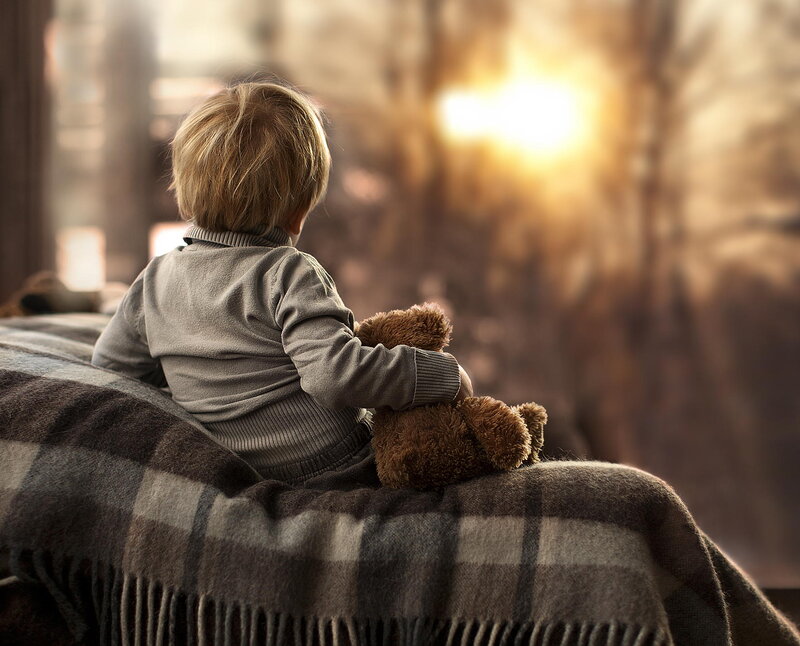 Child Holding Teddy Bear — Brown, Serene