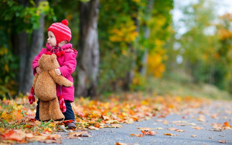 Child Holding Teddy Bear — Red, Calm, Autumn