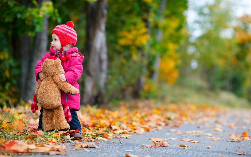 Child Holding Teddy Bear — Red, Serene, Autumn