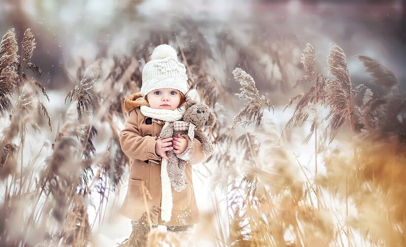 Child Holding Teddy Bear — White, Serene