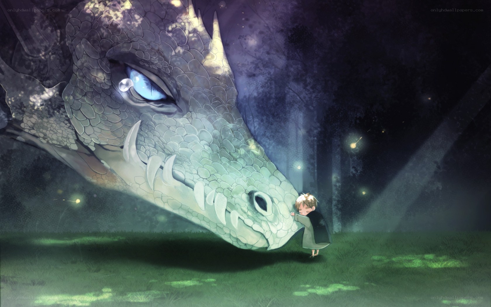 child hugging a dragon