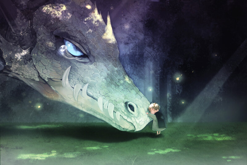 child hugging a dragon