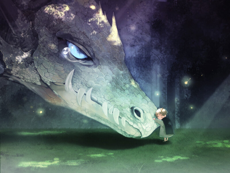 child hugging a dragon