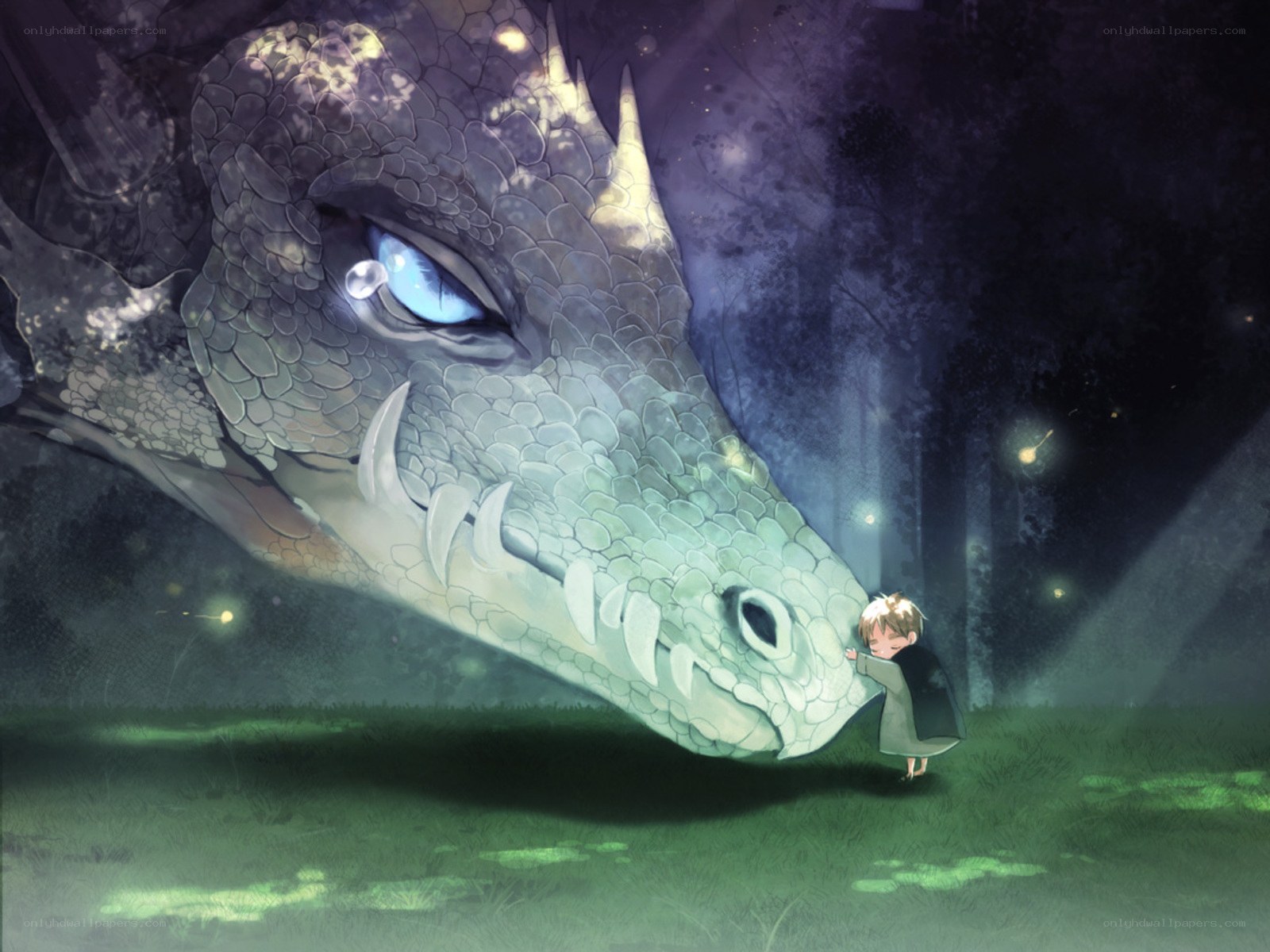 child hugging a dragon