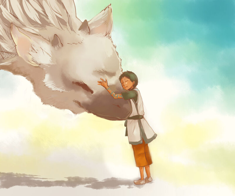 child hugging a giant creature