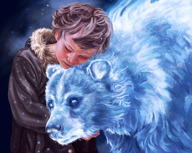 Child Hugging Bear — Blue