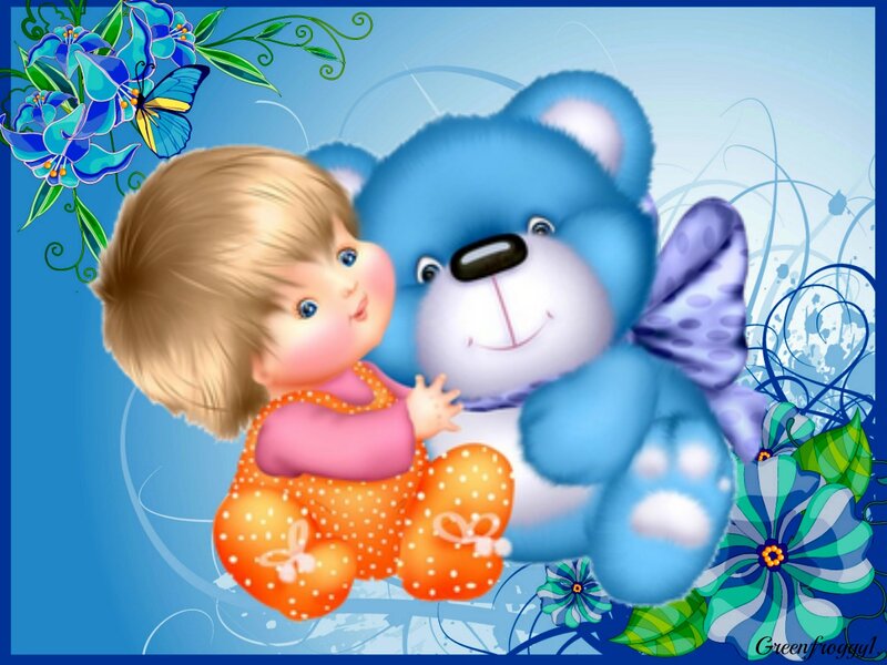 Child Hugging Blue Teddy Bear