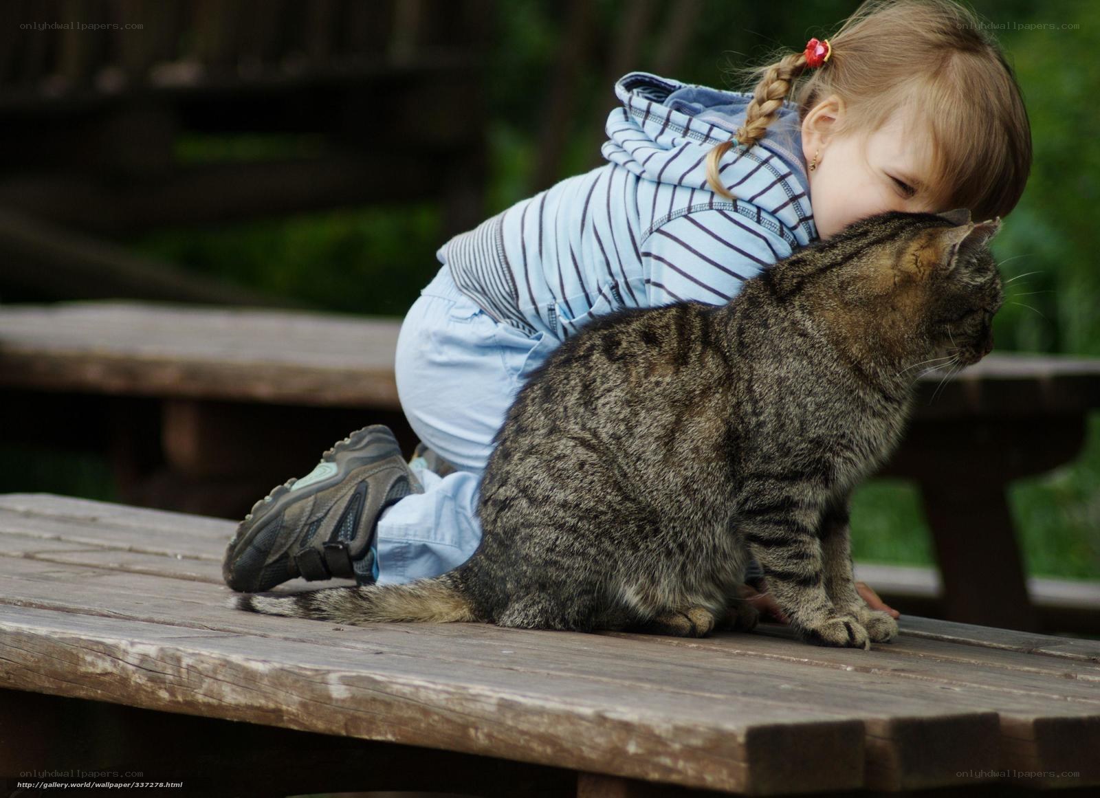 child hugging cat on bench