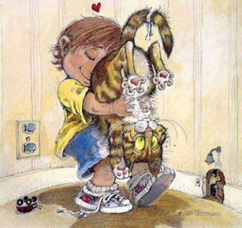 Child Hugging Cat — Yellow