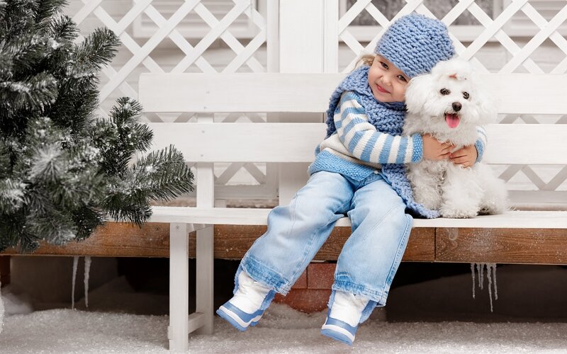 Child Hugging Dog — Blue, Peaceful
