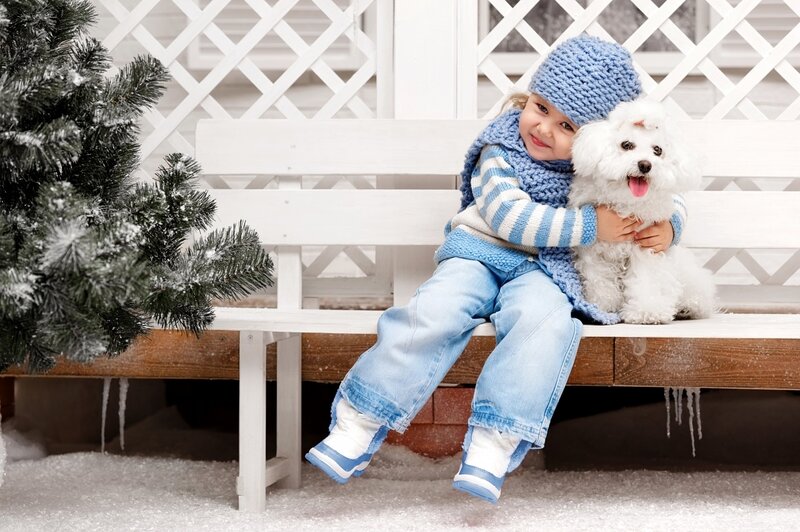 Child Hugging Dog — Blue