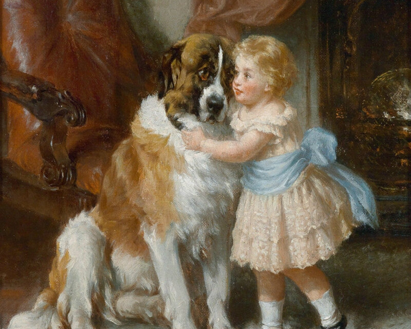 Child Hugging Dog — Brown, Serene
