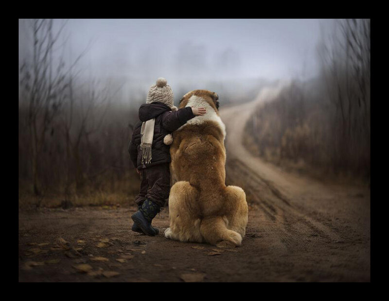 Child Hugging Dog — Brown, Somber, Winter