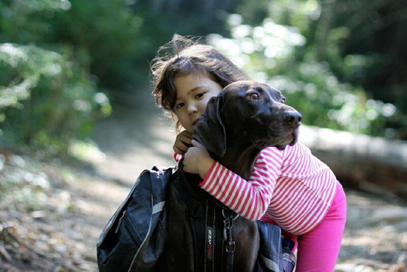 Child Hugging Dog — Brown