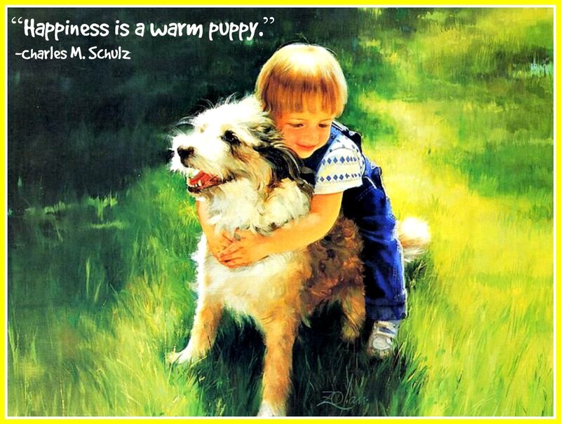 Child Hugging Dog — Green, Happy