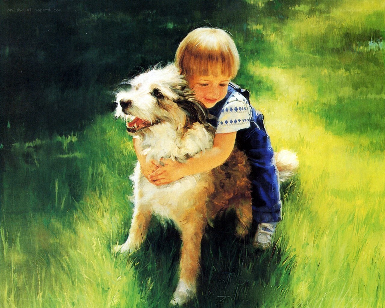 child hugging dog in field
