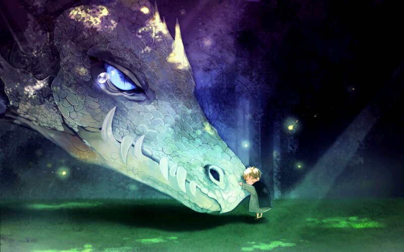 Child Hugging Dragon — Green, Serene, Night, Digital Art, Forest, Fireflies, Purple