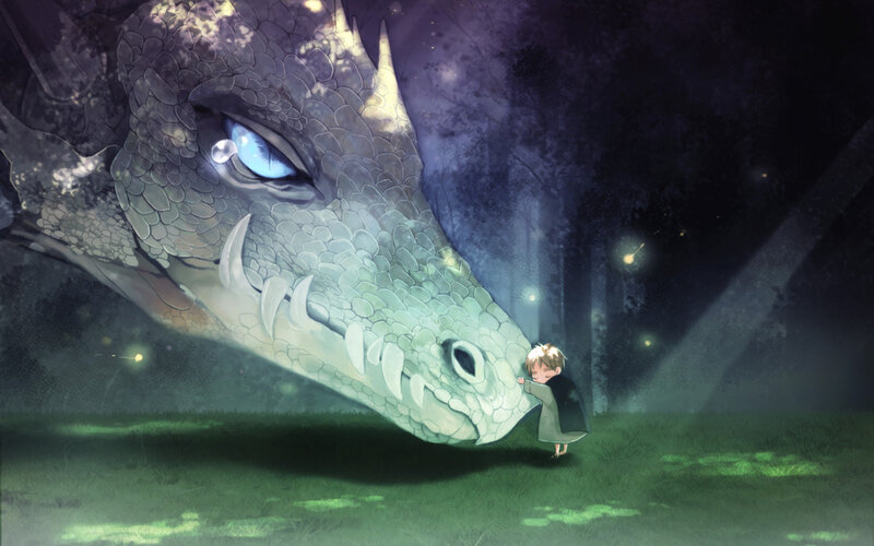 Child Hugging Dragon — Green, Serene, Night