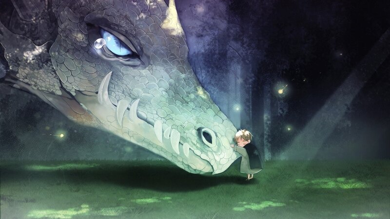Child Hugging Dragon — Green, Serene