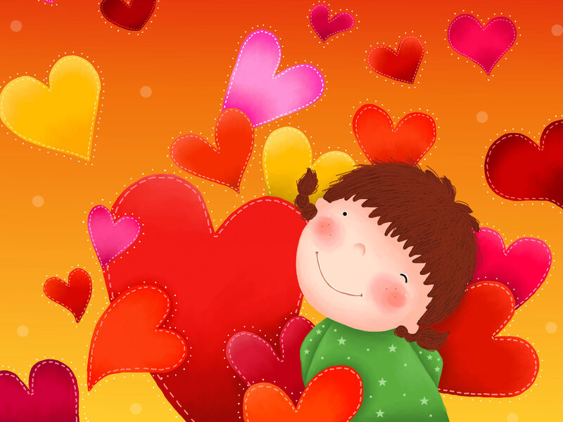Child Hugging Hearts — Red