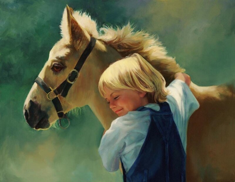 Child Hugging Horse — Green