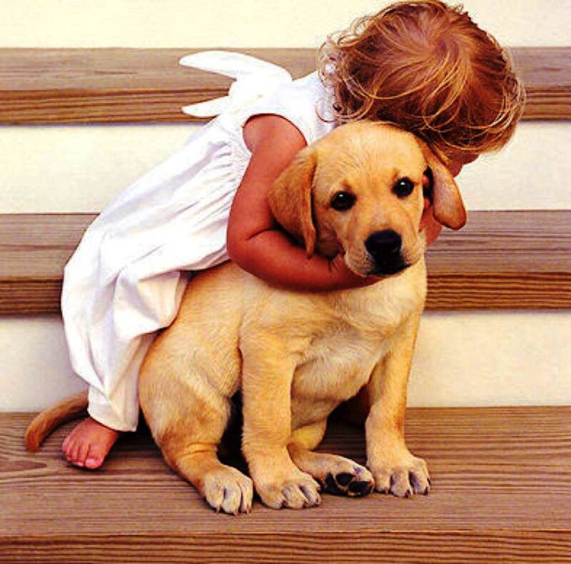 Child Hugging Puppy — White