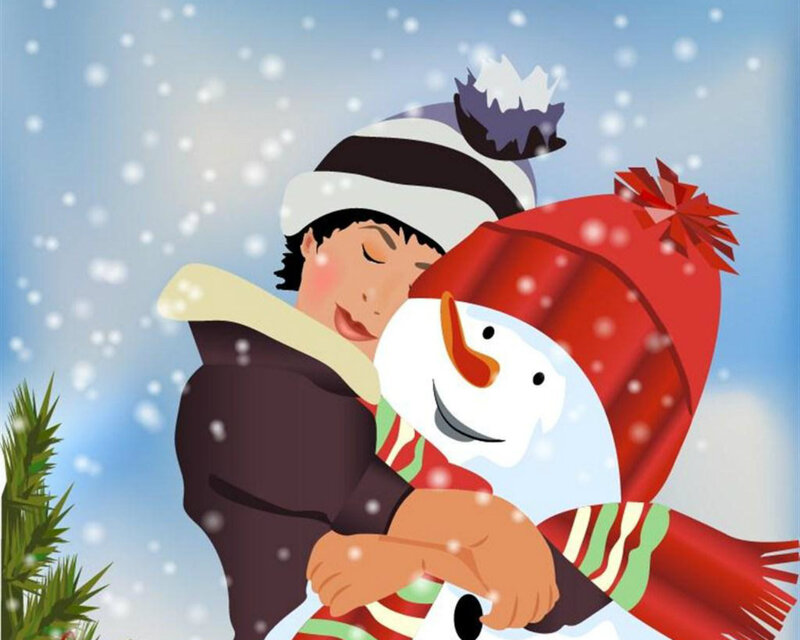 Child Hugging Snowman — Blue