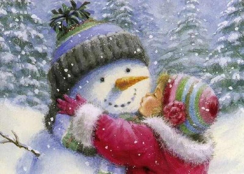 Child Hugging Snowman — White