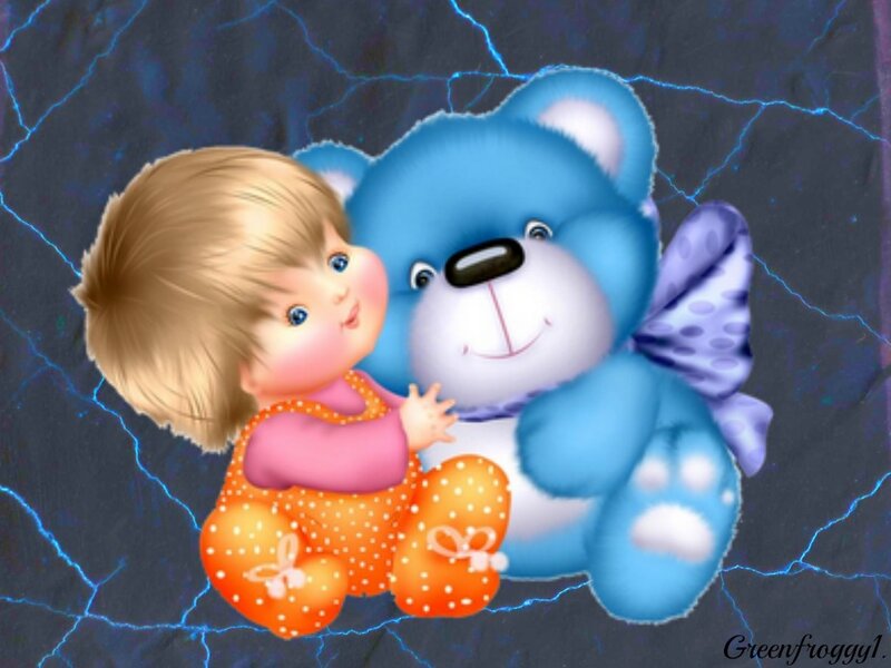 Child Hugging Teddy Bear — Blue, Playful