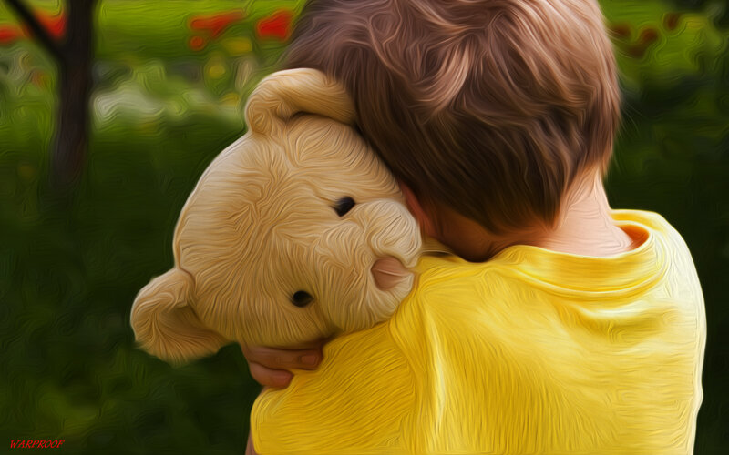 Child Hugging Teddy Bear — Yellow, Calm, Digital Art