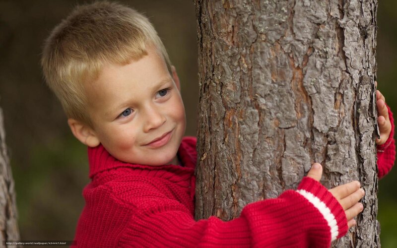 child hugging tree