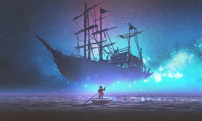 Child in a Boat — Blue, Dramatic, Night, Digital Art