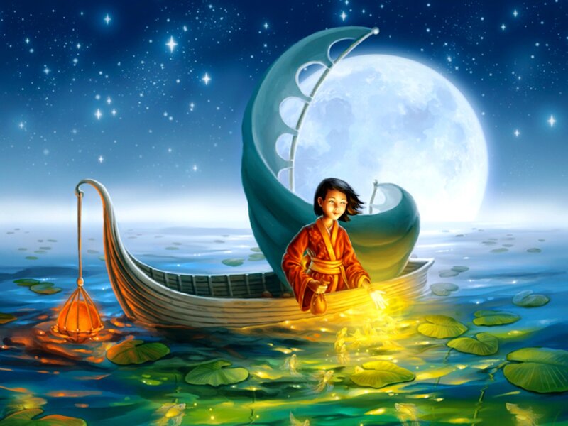 Child in a Boat — Blue, Serene, Night